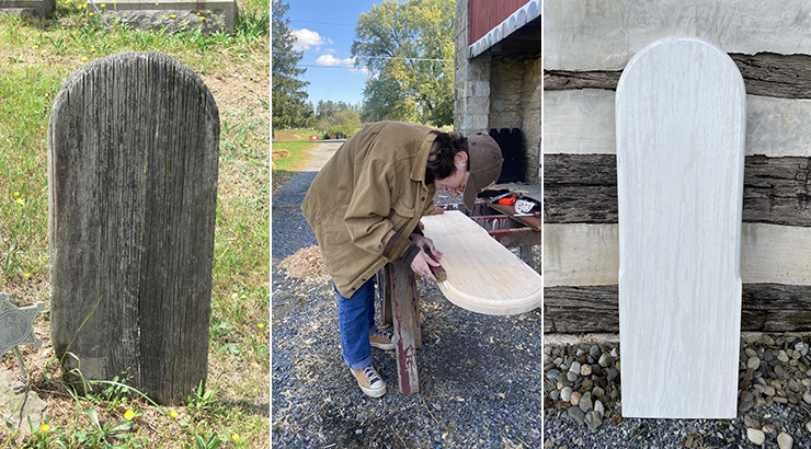 Photo of original grave marker, student creating new marker, and the replacement marker.