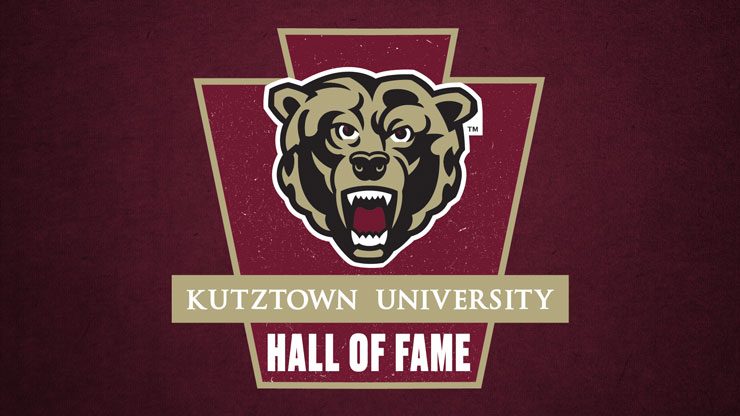 Maroon background, Keystone with Bear Head logo inside, Kutztown University Hall of Fame in white letters.