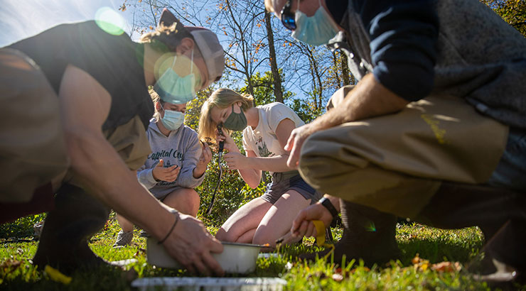 KU professors and students kneeling around a science experiment in Sacony Creek park, Kutztown, Pa.