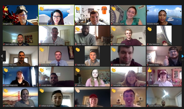 Screenshot of 2020 Kutztown University Sport Sales Competition Zoom session featuring 25 participants including five KU alumni who are actively employed in the field of professional sports. 