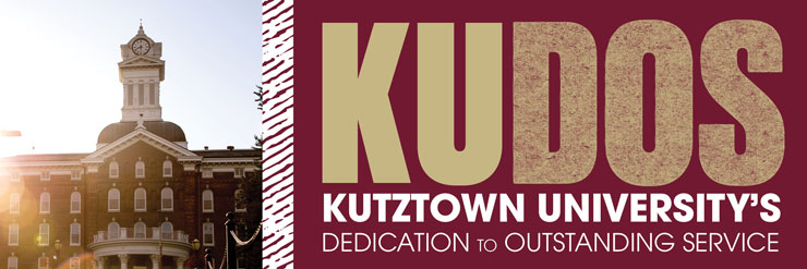 Rectangular image: the left third is an image of the Old Main balcony and clock tower, with sun glare over left side of building. The right two thirds is the logo for "KUDOS" Kutztown University's Dedication to Outstanding Service. 