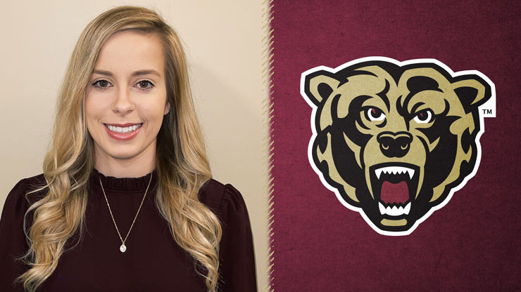 Profile headshot of KUs acrobatics and tumbling coach, Karah Naples, to the left of the image and on the right is the KU Golden Bear athletic logo on a maroon background. 