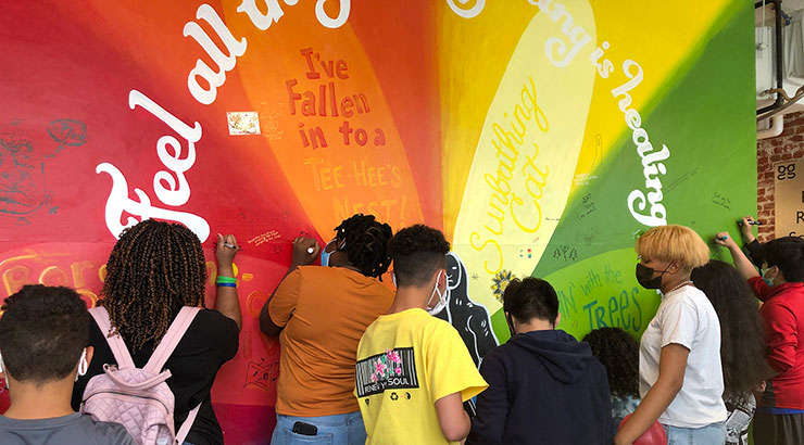 Students make their mark on an innovative exhibit that invites participants to "make, see, do, feel, play, chill and reflect," at Goggleworks, Reading, Pa. 