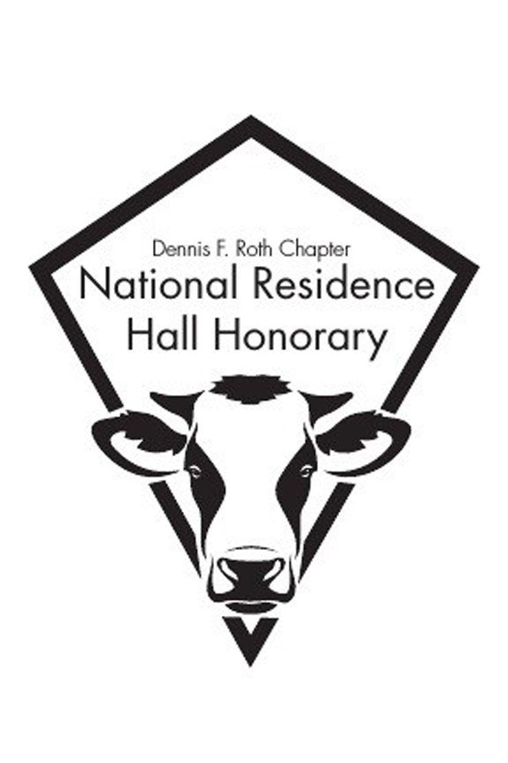 Logo:  Image on white, black print: diamond shape outline, with cow head in lower portion, ears extending beyond the diamond border, and the words Dennis F. Roth Chapter, National Residence Hall Honorary in top half of diamond border.