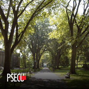 PSECU logo in lower left corner of a photo of a path with trees.