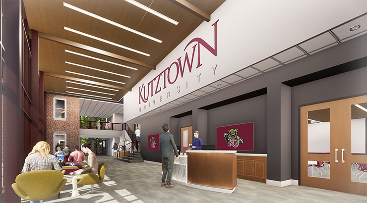 Artists rendering of the interior of Admissions Welcome Center. Shows visitors and staff sitting and standing in the lobby of the Welcome Center