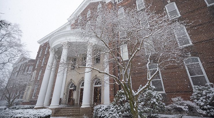 Old Main while snowing.