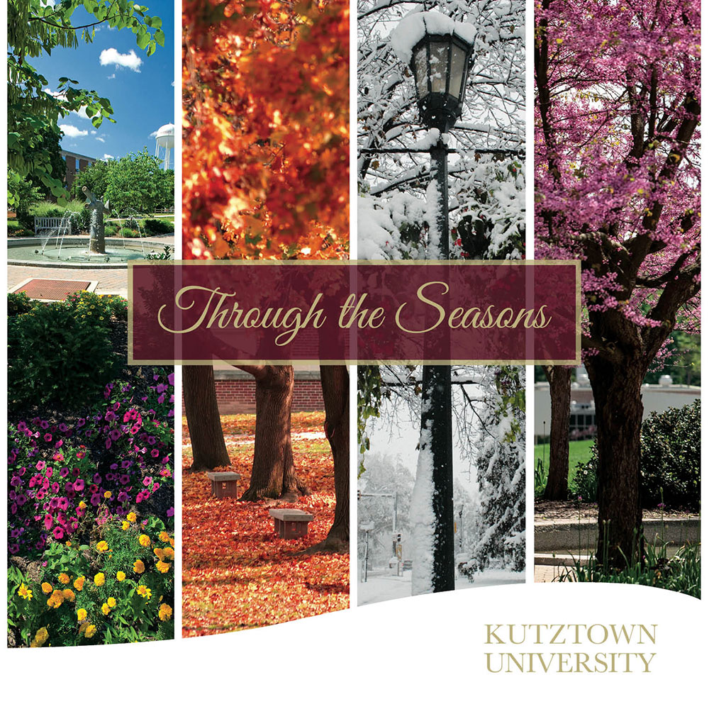 Photo of the cover of "Through the Seasons" book. Four columns with a photo of a season in each column. Through the Seasons Kutztown University in text.