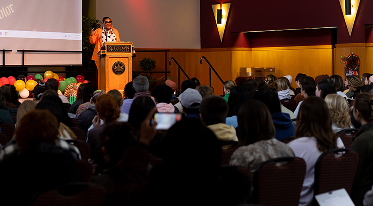 Keynote speaker at podium