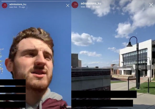 Photo of male Kutztown University tour guide on left; photo of the outside of Sharadin Art Building on the right.