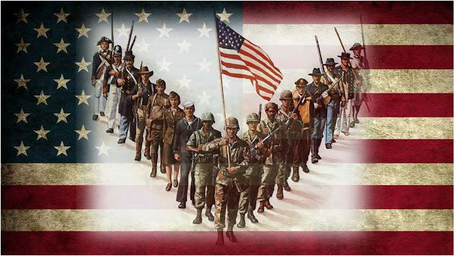 Image of various military personnel from various times in a V formation with a U.S. flag in the background.