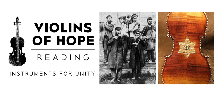 Three images: 1. image of violin with the words VIOLINS OF HOPE READING INSTRUMENTS FOR UNITY; 2. an old photo of a group of men playing instruments; 3. a photo of the back of a violin with intricate inlay in the shape of the Star of David.