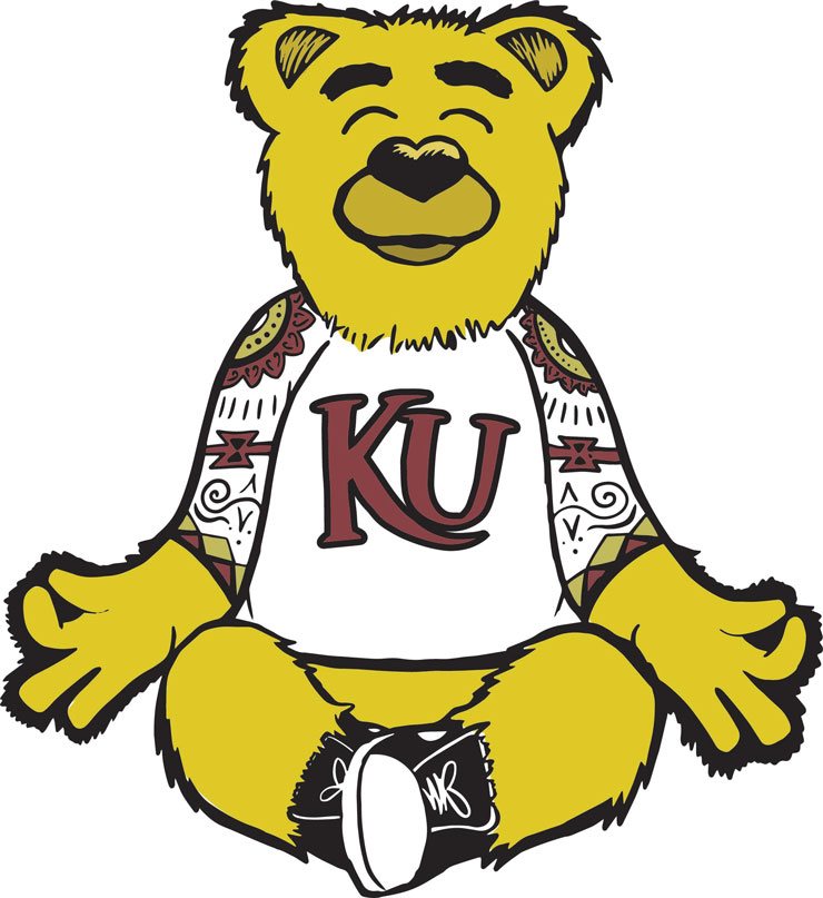 Illustrated picture of mascot, Avalanche the golden bear, sitting in a yoga, mediation pose. Avalanche is wearing a white three quarter sleeve shirt with KU in maroon letters on the front and decorated sleeves. 