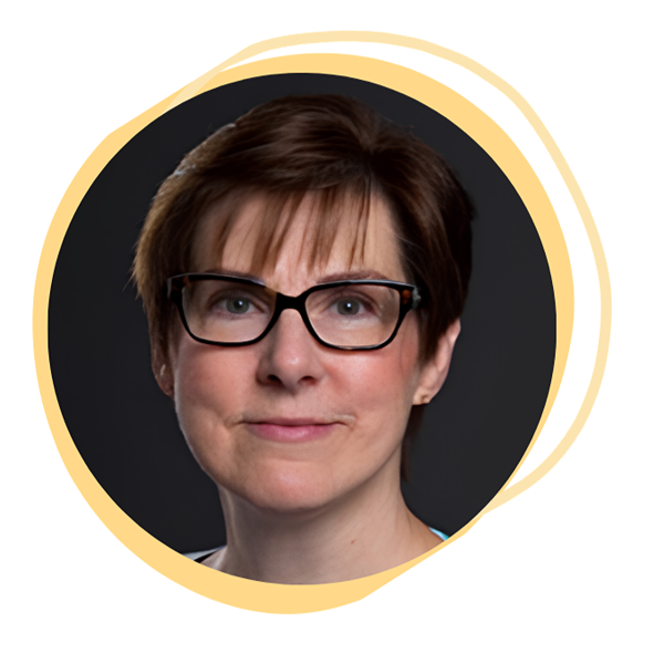 Circle headshot photo of Dean Karen Rauch with yellow abstract circle art in behind the image. 