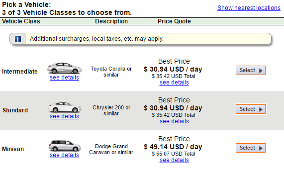 A screenshot of the Enterprise page showing different vehicle classes, a description, and a price quote.