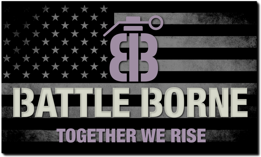 image of a subdued American flag with the words Battle Borne Together We Rise written on it and the letters B and B on the top of the letters