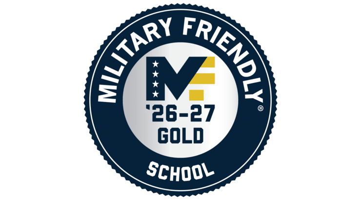 Circular Military Friendly School logo with the text “Military Friendly School” and “26–27 Gold” displayed in the center.