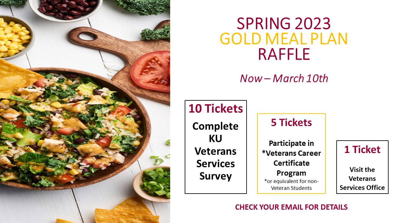 Spring 2023 Gold Meal Plan Raffle with three challenges listed: complete veterans services survey for ten tickets, participate in veterans career certificate program for five tickets, and visit the veterans services office for one ticket