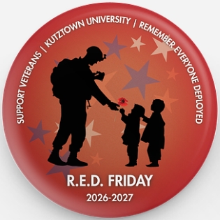 Red and white button with Remember Everyone Deployed Written on it.