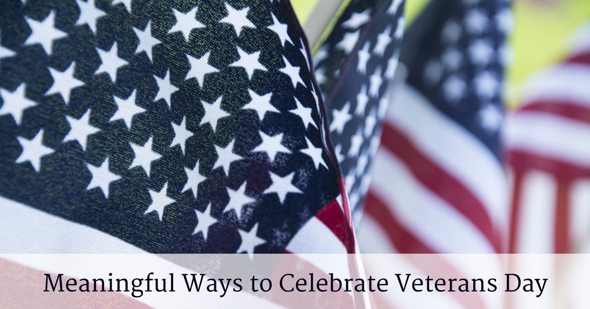 an illustration with a few flags and the words, meaningful ways to celebrate Veterans Day