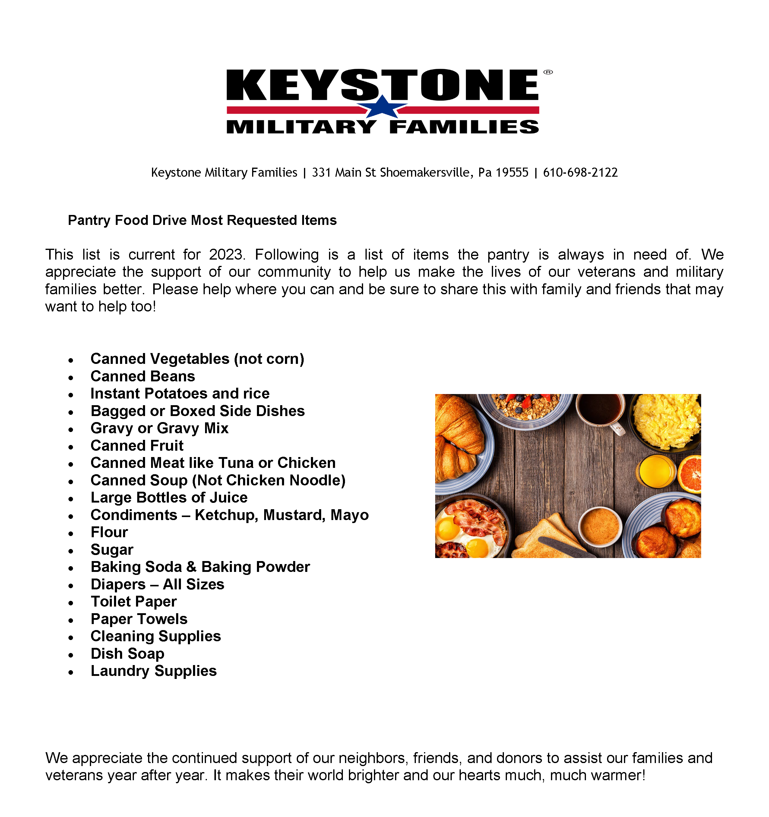 flyer with food items listed for donation to veterans organization Keystone Military Families