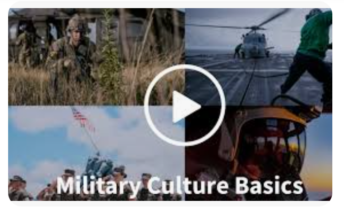 screenshot of a play button in front of 4 images of Soldiers, Sailors, Marine and Air Force members