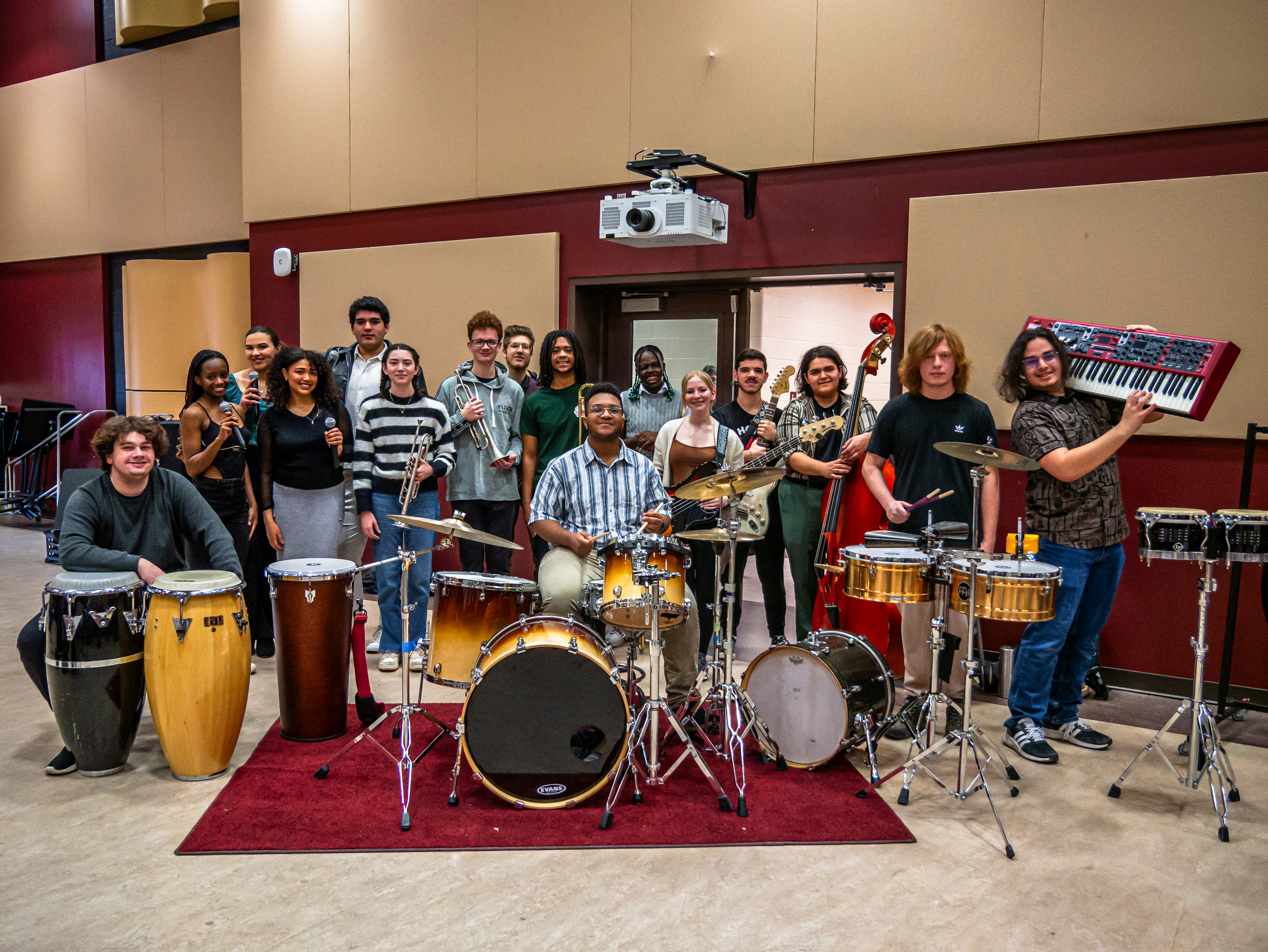 Kutztown University Latin Ensemble group photo in practice room. 