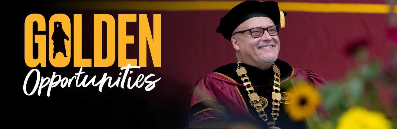 Kutztown University President Doctor Philip Cavalier in his regalia smiling and the words Golden Opportunities to his left