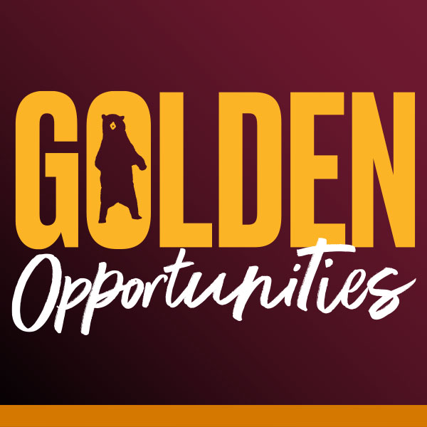 the words Golden Opportunities in yellow and white on a maroon background