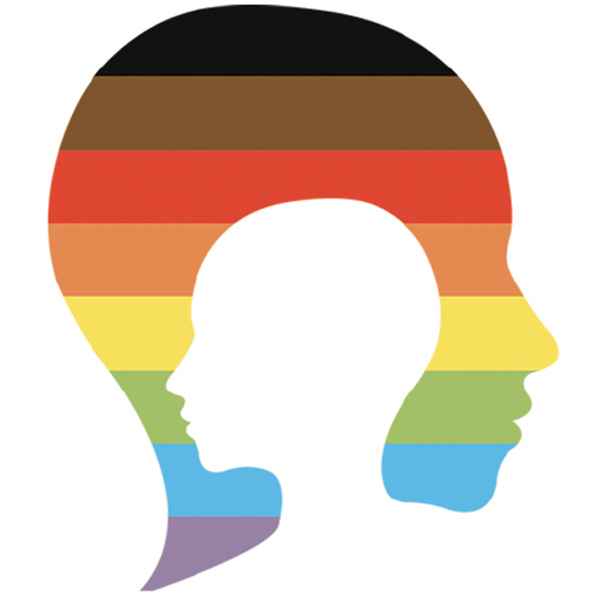 An image of two silhoettes of a human head within each other. The larger one having the LGBTQ+ flag colors running through it and the smaller one on tip is completely white.