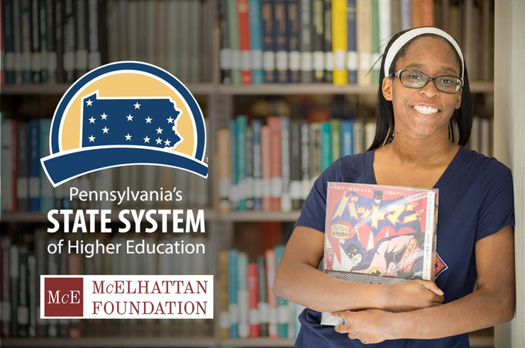 Female student holding books in a library, with Pennsylvania's State System of Higher Education (PASSHE) and McEllhattan Foundation logos on the left.