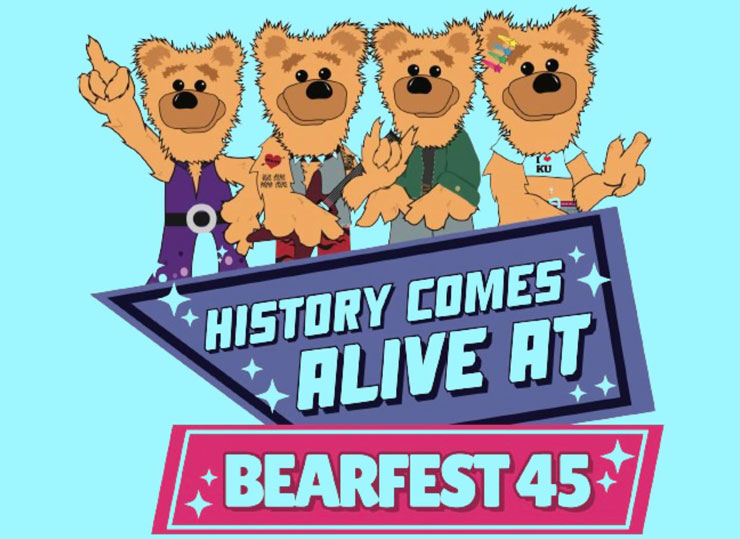 History comes alive at Bearfest 45. Cartoon images of Avalanche the Golden Bear in various outfits.