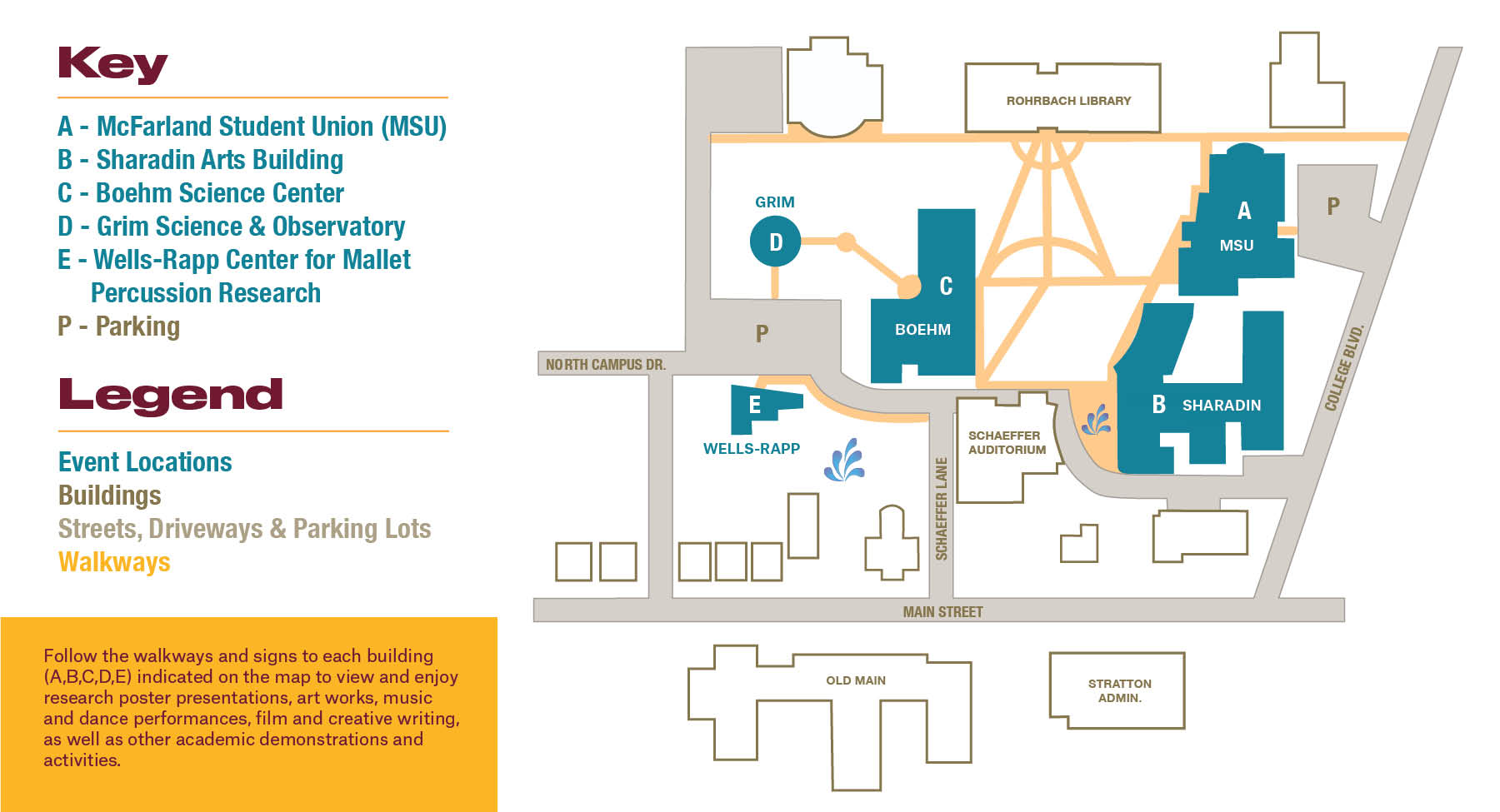 Map of Student Showcase, showing buildings being used and their locations on north campus.