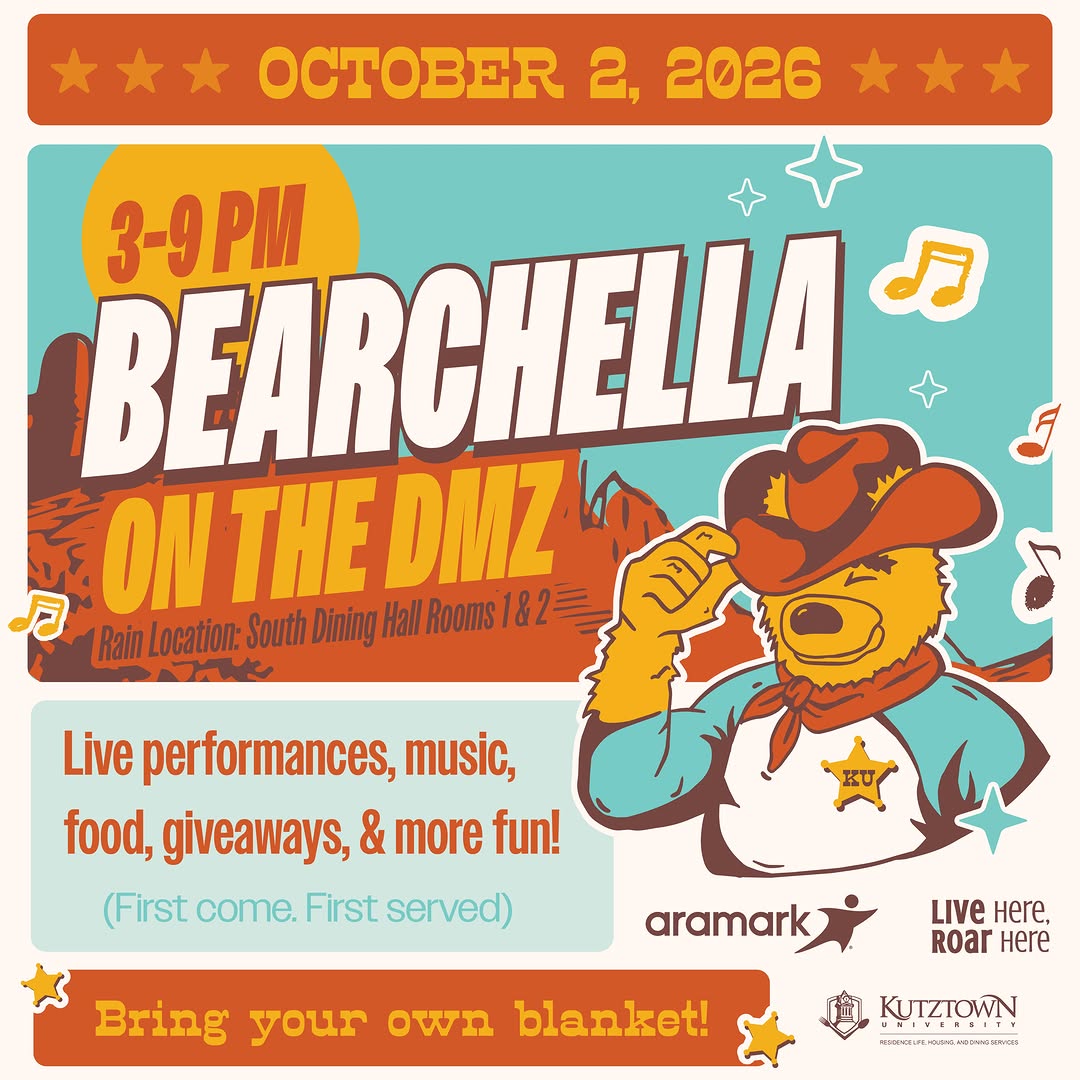 Bearchella: cartoon of Avalanche in cowboy costume text reads "October 2, 2026, 3-9PM Bearchella on the DMZ, rain location: South Dining Hall Rooms 1 & 2.  Live performances, music, food, giveaways, and more fun! (first come, first served). Bring your own blanket."