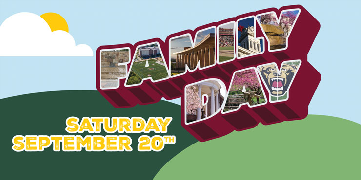 Colorful collage of images from Kutztown University campus within the letters spelling out Family Day.  Saturday, September 20th.