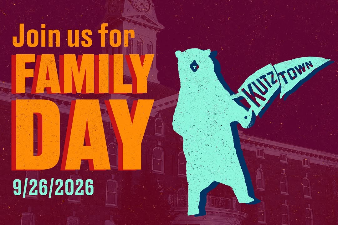 Join us for Family Day 2026 graphic that includes a silhouette of the Golden Bear statue holding a Kutztown banner.