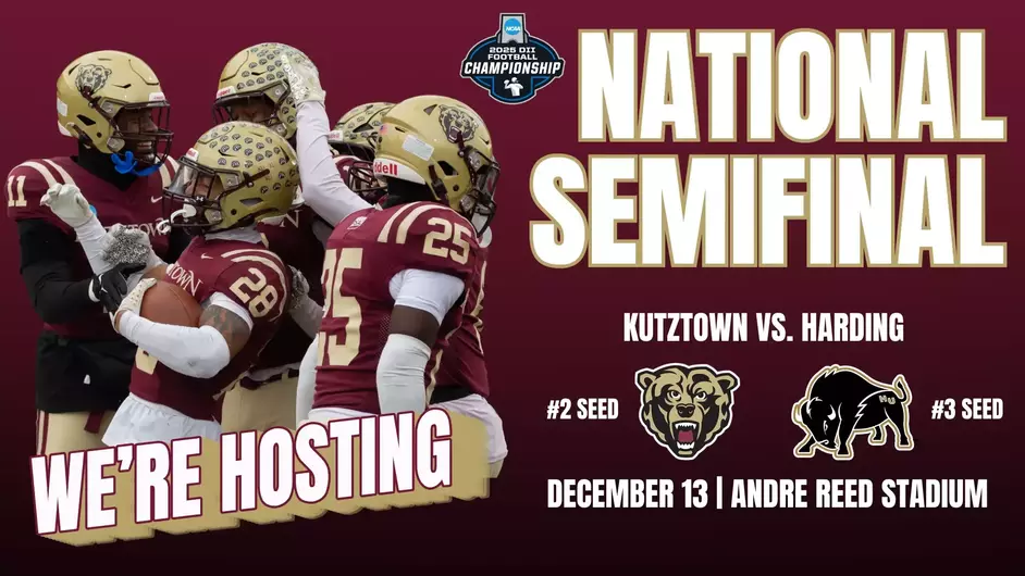 K.U. football players celebrate, 2025 D2 football championship logo. The wording "We're Hosting. National Semifinal #2 Seed Kutztown vs. #3 Seed Harding. December 13, Andre Reed Stadium" appears.