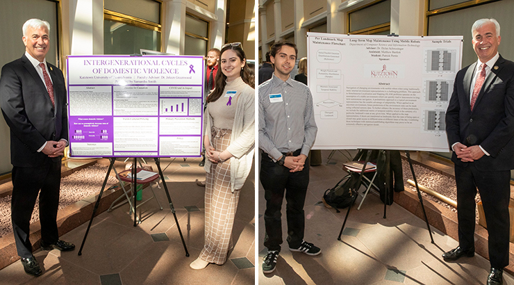 Jamie Barton, Samantha Smith and Patrick Perrin standing with their research posters at the state Capitol