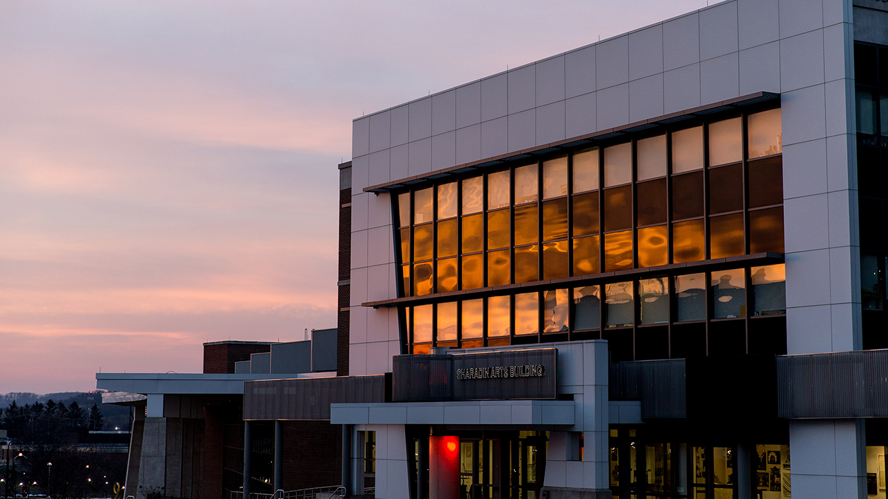 The front of the Sharadin Arts Building at sunset 