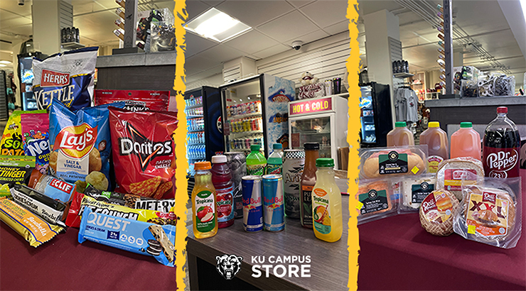 Food items in store with KU Campus Store logo at bottom