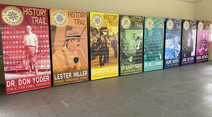 photo of eight different banners for the Kutztown Folk Festival History Trail
