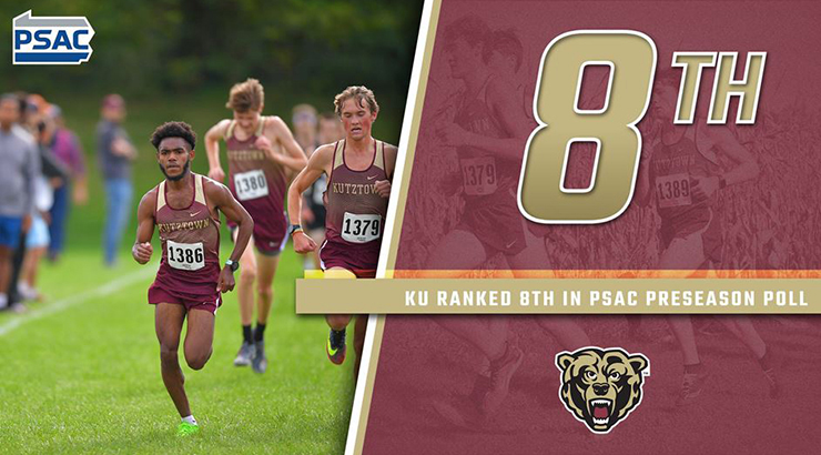 Image of three male cross country players running on a field, next to a large gold 8 and the KU golden bear logo