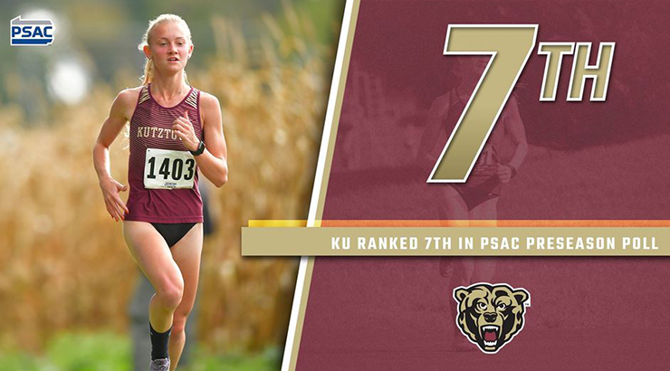 Image of a female cross country player running on a track next to a large gold number 7 and the KU golden bear logo