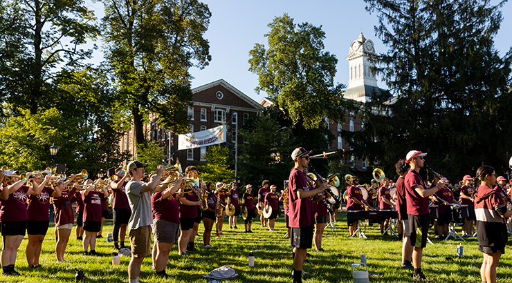 Band students outside Schaeffer