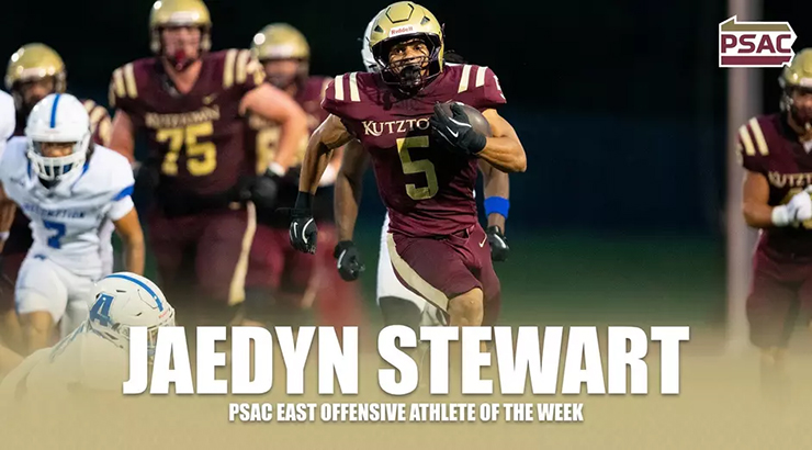 Photo of football player running the ball, with text, "Jaedyn Stewart; PSAC East Offensive Athlete of the Week"