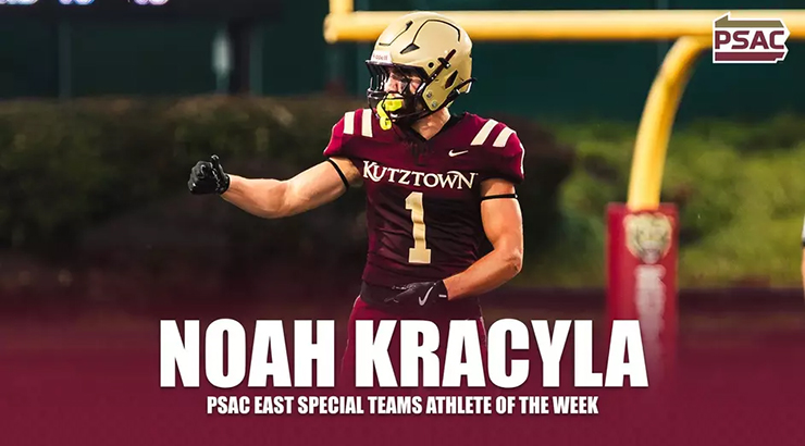 Graphic of football player, with text, "Noah Kracyla PSAC East Special Teams Athlete of the Week"
