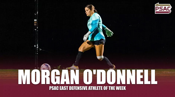 Soccer player with text, "Morgan O'Donnell, PSAC East Defensive Athlete of the Week."