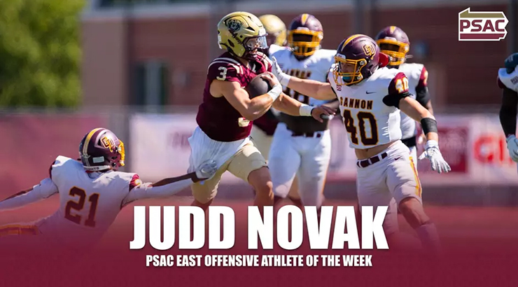 Graphic of Novak with PSAC logo and text, "Judd Novak, PSAC East Athlete of the Week"