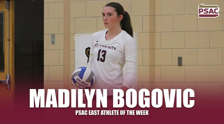 Graphic of Bogovic and PSAC logo with text, "Madilyn Bogovic, PSAC East Athlete of the Week"