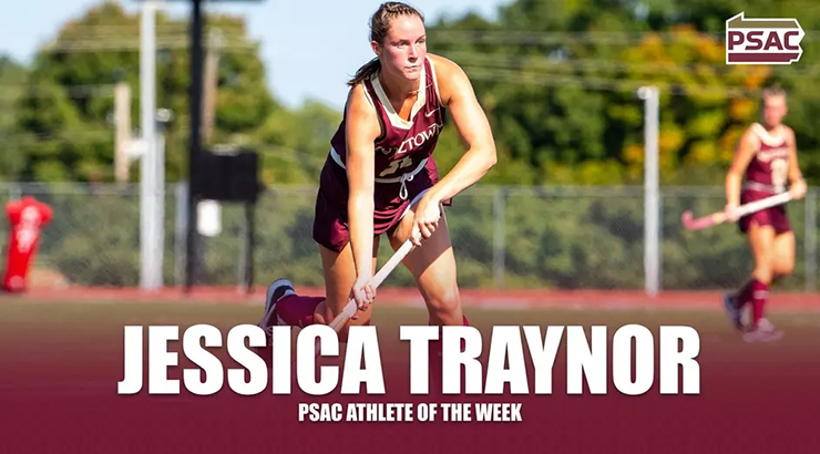 Graphic of Traynor, PSAC logo, with text, "Jessica Traynor, PSAC Athlete of the Week."